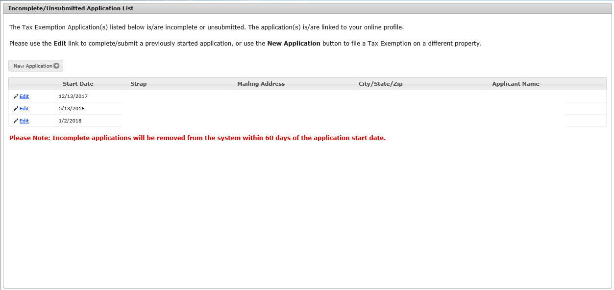 Website Incomplete Applications Page