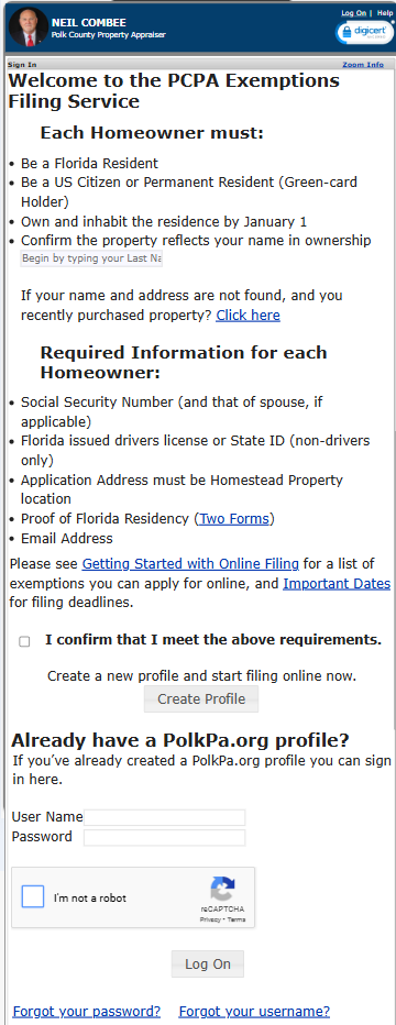 Mobile Version of The Welcome to Online Exemption Filing page 