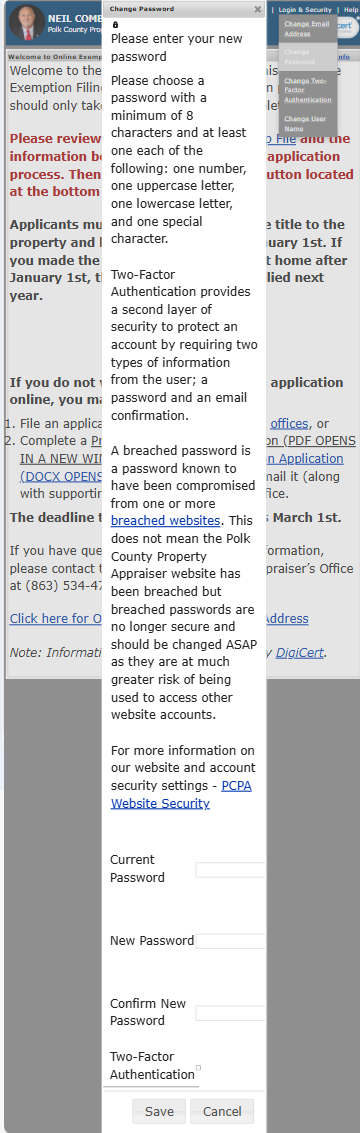 Mobile version of the Example of the Change Password dialog box