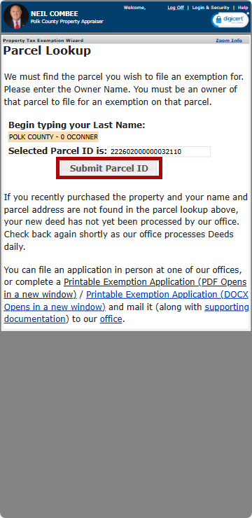 Parcel Lookup Page with the Submit Parcel ID Button indicated Mobile version