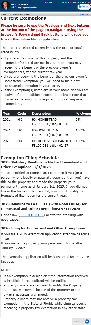Mobile version of Website Current Exemptions Page