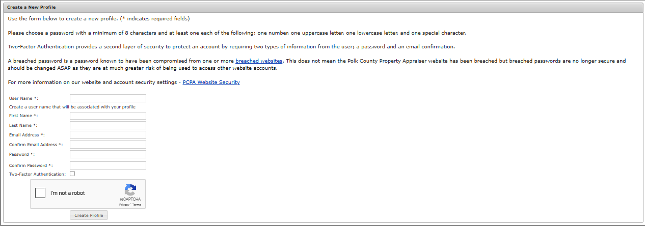 Website Create A New Profile page