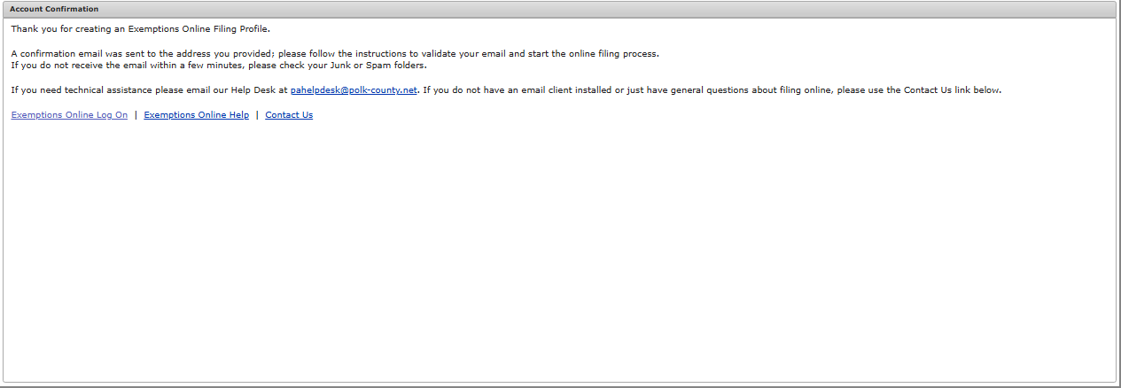 Website Account Confirmation page